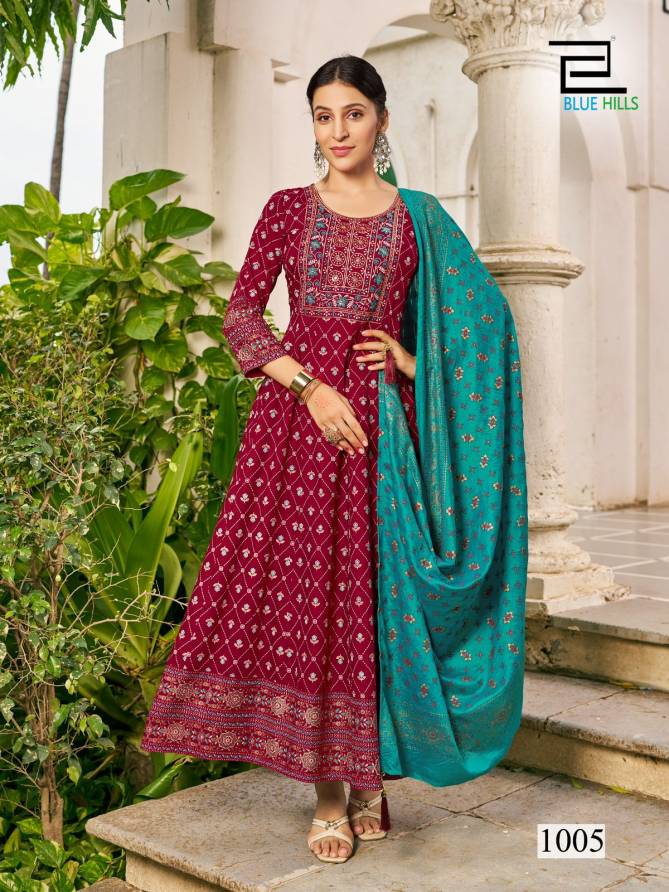 Senorita Special  By Blue Hills Rayon Printed Anarkali Long Kurti With Dupatta Wholesale Online